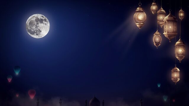 Moonlit night scene with hanging lanterns