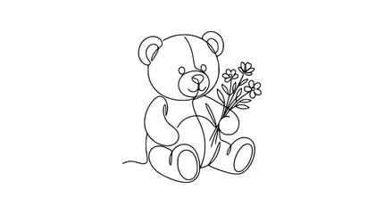 Fototapeta premium Continuous Line Drawing Teddy Bear Holding Flower Bouquet Isolated