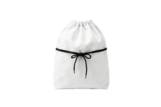 Plain white fabric drawstring bag with a contrasting black cord tied in a bow at the center isolated on a transparent background
