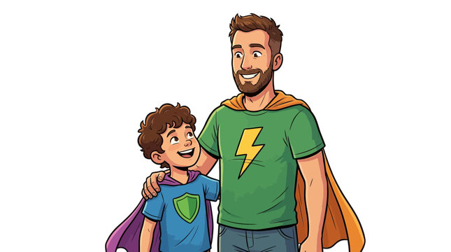 Cartoon father and son wearing superhero capes
