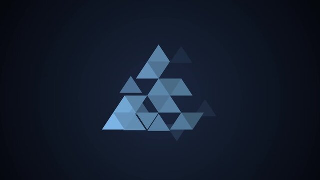 Abstract pyramid forming from blue geometric fragments, digital construction, mosaic triangles building shape