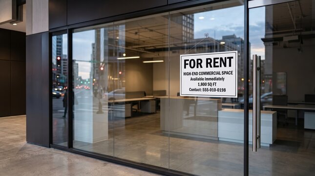 For rent sign on glass door of commercial office space