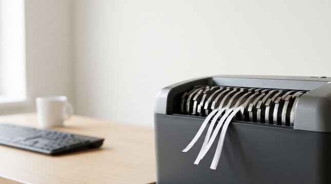 Paper shredder destroying confidential documents on an office desk
