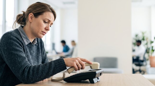 Stressed businesswoman hanging up desk phone in office