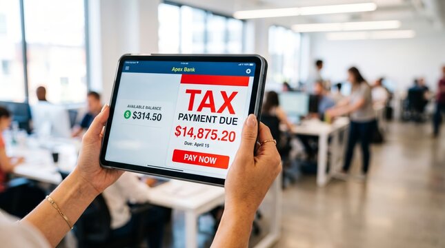 Hands holding tablet showing high tax bill in office