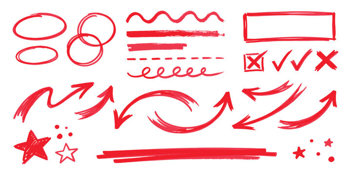 Hand line arrow drawn set. Hand drawn line arrow underline pen marker check highlight red scribble. Star note memo sticker focus checkmark texture background. Vector illustration