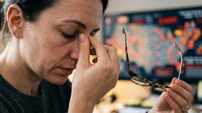 Exhausted businesswoman rubbing nose bridge in front of computer