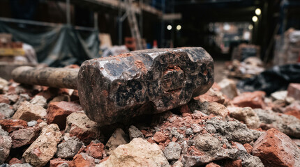 Fototapeta premium Heavy sledgehammer resting on a pile of broken red bricks and rubble at a construction site