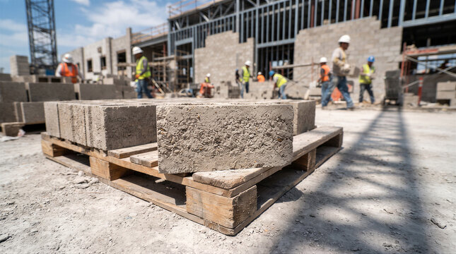 Construction site with workers in safety gear and pallets of concrete blocks in the foreground