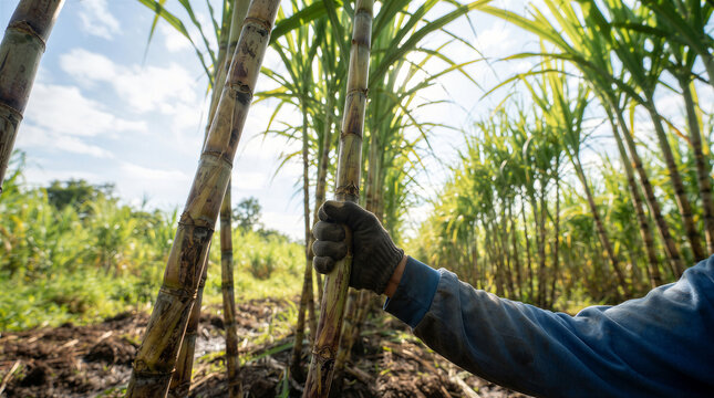 A farmer wearing a glove holds a stalk of sugarcane in a field during the harvest season under a bright blue sky