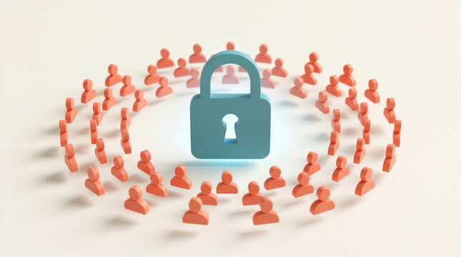 3d illustration of a blue padlock surrounded by a group of people, representing data security, privacy, and protection concepts
