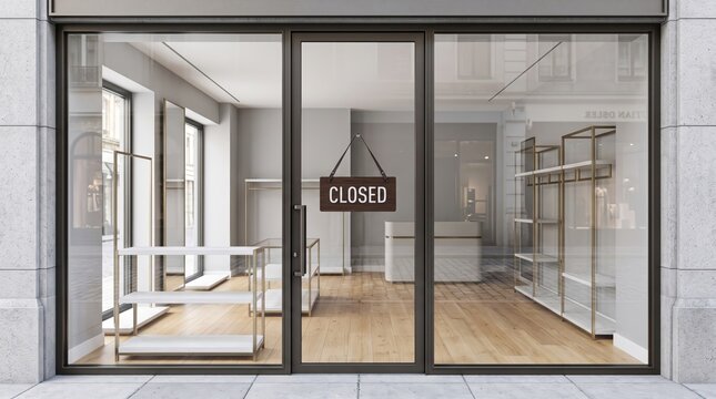 Empty retail boutique storefront with a closed sign on door