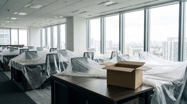 Empty office space with desks covered in plastic sheets and a single cardboard box on a desk during a relocation or renovation