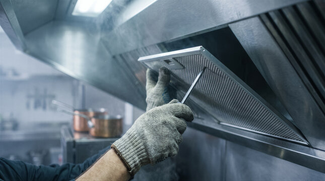 Professional worker wearing protective gloves cleaning and maintaining a commercial kitchen exhaust hood filter in a restaurant