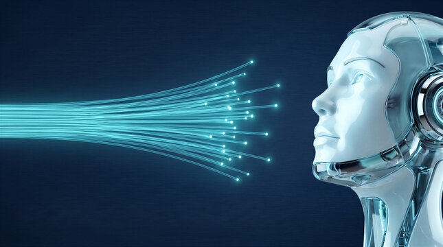 Futuristic robot head profile receiving data stream through glowing fiber optic cables representing artificial intelligence and digital connectivity
