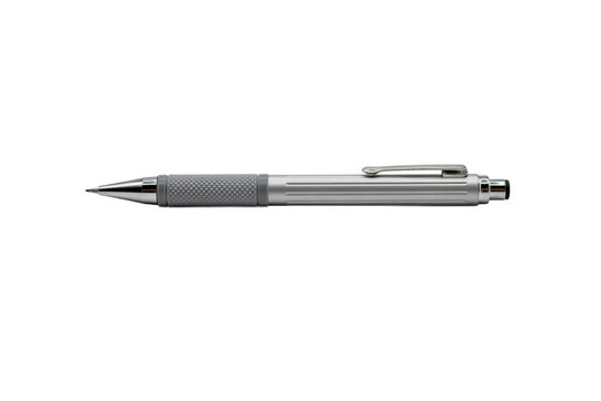 Silver mechanical pencil with a textured rubber grip and metal pocket clip isolated on a transparent background