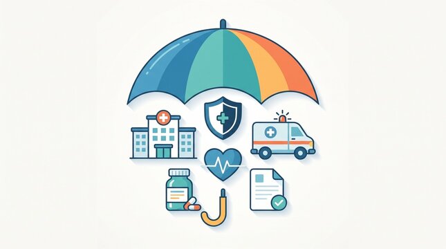 Family health insurance concept with a protective umbrella covering hospital, medicine, ambulance, heart, and healthcare symbols for comprehensive coverage.