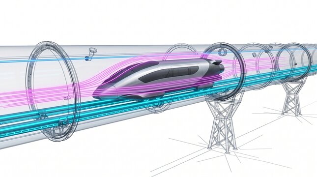 3D Technical Diagram of Magnetic Levitation in a Hyperloop Vacuum Tube