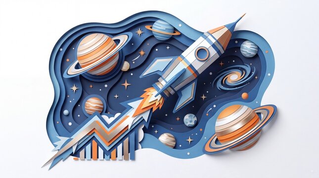 Paper cut rocket launch with financial growth chart and planets