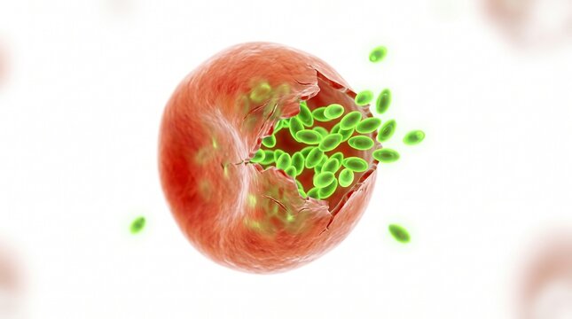 3D Microscopic Diagram of Malaria Parasites Rupturing a Red Blood Cell