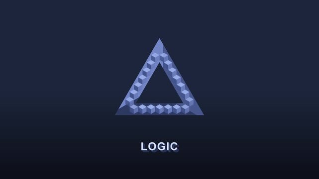 impossible triangle 3d animation assembled from cubes and text logic unfolds revealing abstract shape