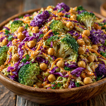 Healthy broccoli and purple cabbage salad with chickpeas in a wooden bowl