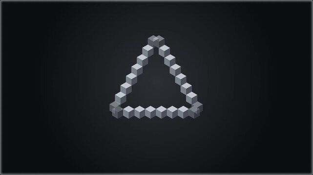 Animated impossible triangle shape formed from gray cubes appearing on dark monochrome surface, abstract geometric motion graphic loop