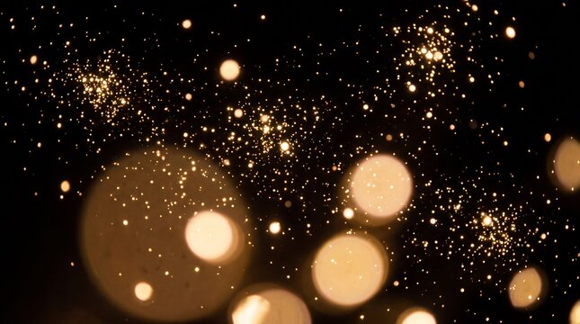 Golden bokeh light particles falling on black background, warm sparkle dust and glowing orbs for festive celebration and holiday design