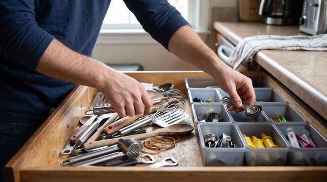 Man organizing kitchen utensils in a drawer with organizer