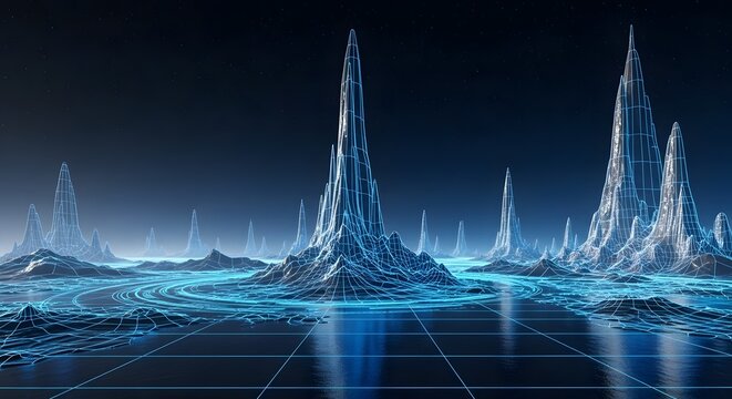 Futuristic Blue Digital Landscape with Glowing Wireframe Mountains and Cybernetic Virtual Reality Grid Floor