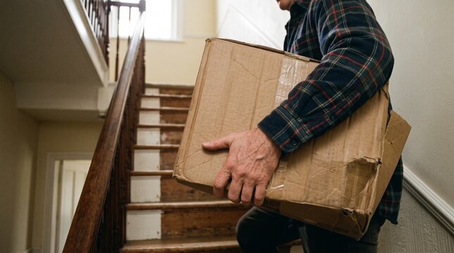 Man carrying a large cardboard box up a wooden staircase