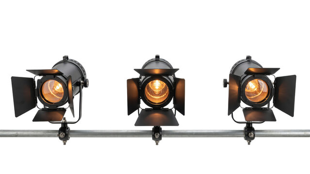 Three black studio spotlights with barn doors mounted on a horizontal metal pipe, glowing warm orange light bulbs isolated on a transparent background
