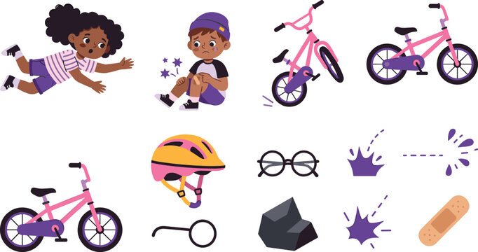 Children Falling From Bicycle Vector Illustration Set with Injured Kids Scraped Knee First Aid Bandage Helmet Safety Concepts