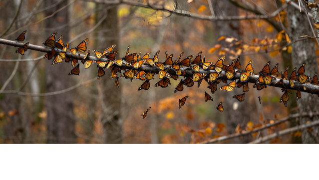 Monarch butterflies on a branch in autumn forest