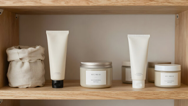Skincare products displayed on a wooden shelf