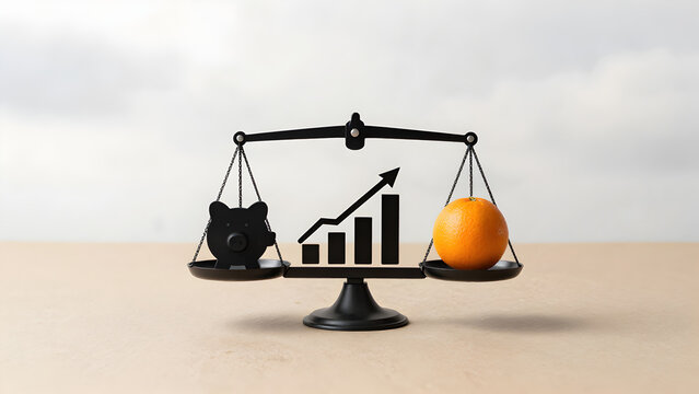 Balance scale with piggy bank chart and orange fruit