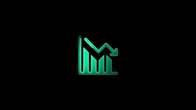 glowing  downward chart financial trend with  arrow pointing down on a dark black background representing economic loss and market decline.4k video