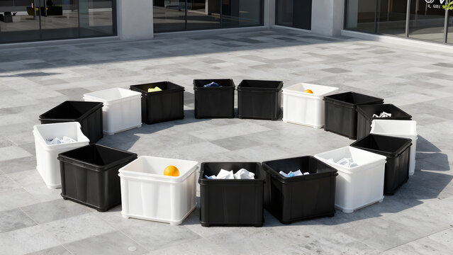 Collection of black and white public trash bins outdoors