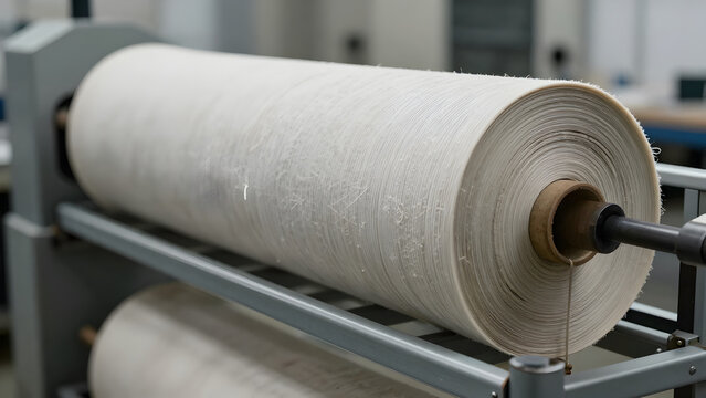 Large roll of white textile material on industrial machinery