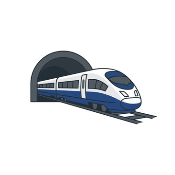 Modern blue and white high speed train emerging from a dark tunnel on railway tracks