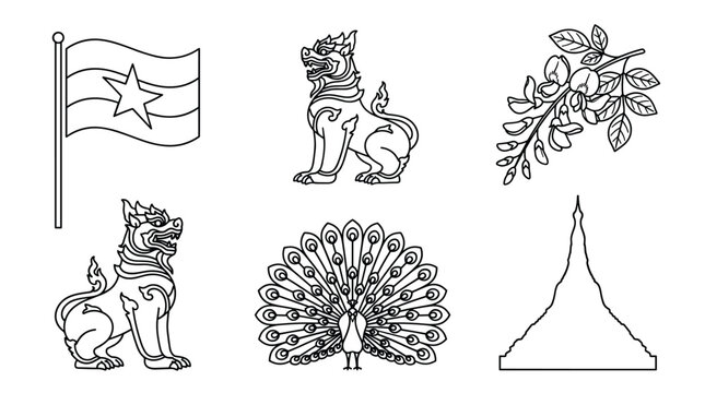 Myanmar National Symbols Vector Icon Set Featuring Flag Chinthe Lions Padauk Flower Peacock and Pagoda Stupa Line Art Illustrations