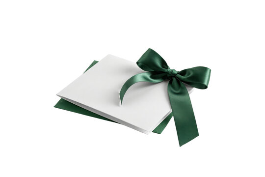 White folded greeting card with a dark green satin ribbon bow on isolated on a transparent background
