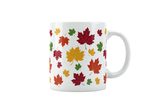 White ceramic mug decorated with a pattern of colorful autumn maple leaves in red, orange, yellow, and green isolated on a transparent background