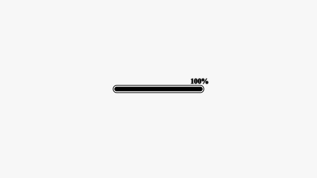 Loading bar and progress loading Complete, 0 to 100 percent loading animation on white background. Loading bar with animated progress bar from zero to hundred increasing percentage animation.