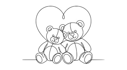 Fototapeta premium Cute Teddy Bears Love Heart Continuous Line Drawing Isolated