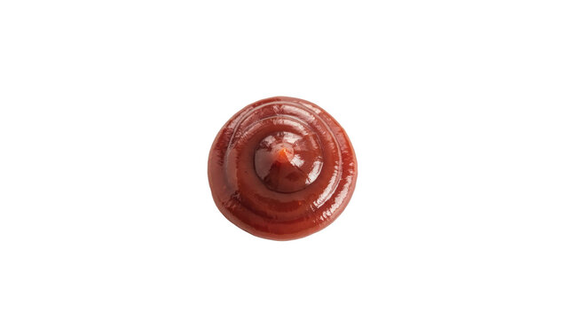 A circular swirl of thick red tomato ketchup sauce viewed from directly above isolated on a transparent background