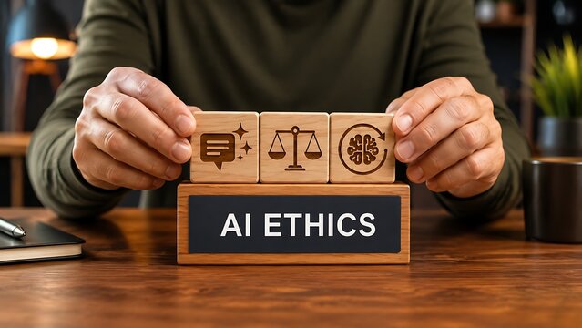 Hands Arranging Wooden Blocks With AI Ethics And Machine Learning Icons