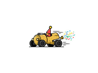 Naklejka premium Creative Illustration Of A Yellow Champagne Cork Shaped As A Race Car Featuring Black Wheels A Red Party Hat And Confetti Exhaust For Festive Celebration Vector Illustration