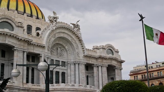 Palacio de Bellas Artes Main Facade Mexican Flag Overcast Skyline Mexico