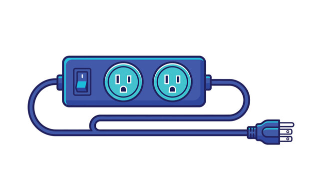 Blue electrical power strip featuring two plug outlets and a manual toggle switch illustrated in a clean vector art style